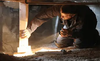 A professional inspecting wooden beams under the floor of a structure in ,